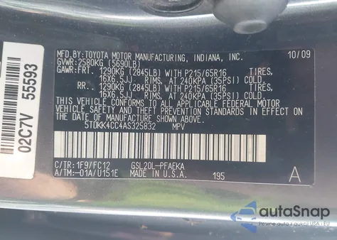 2010 Toyota Sienna Ce/Le z USA, uszkodzony, nr VIN 5TDKK4CC4AS325832